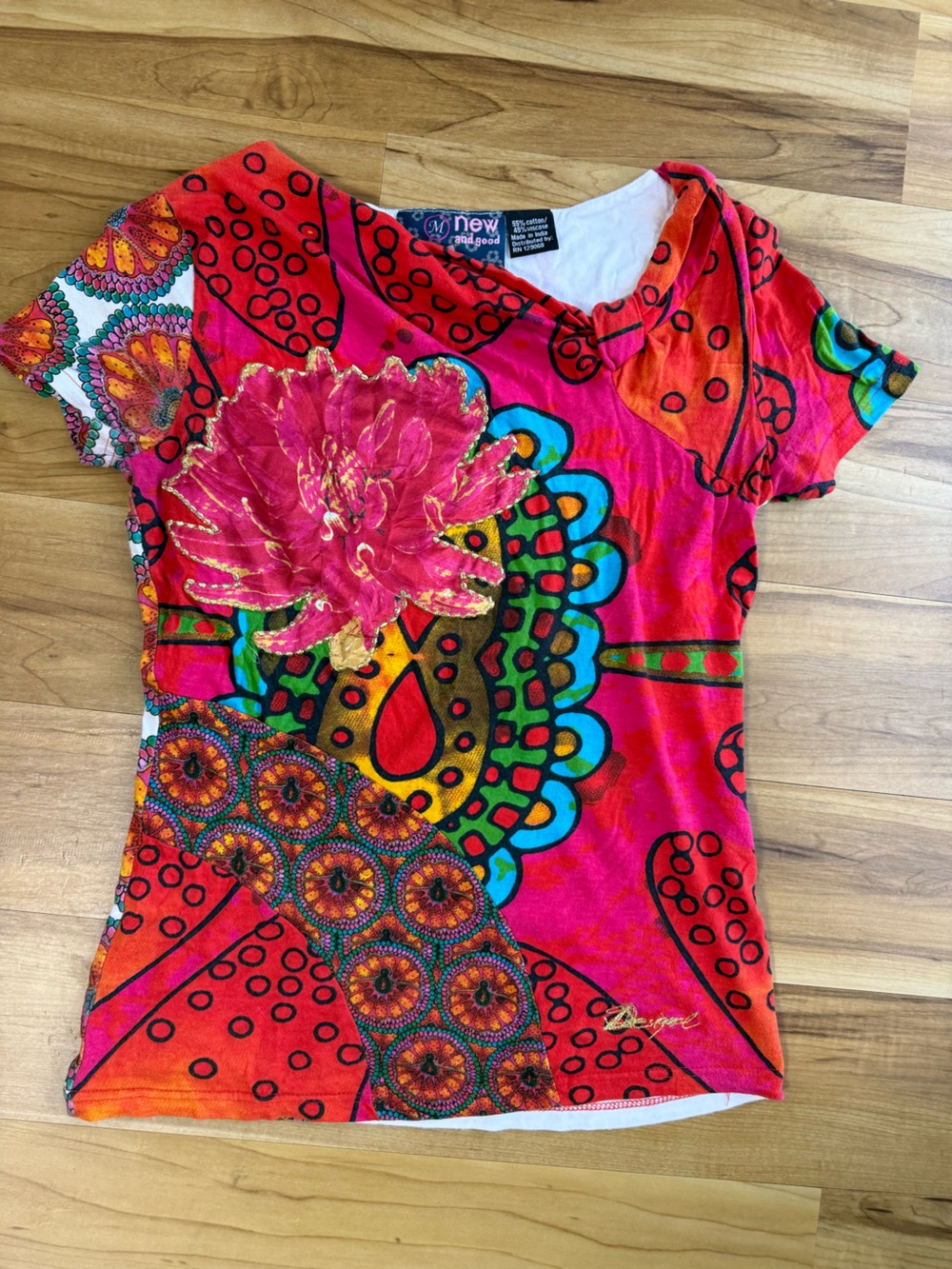 Desigual Hot Pink Multicolor Floral Accent Textile